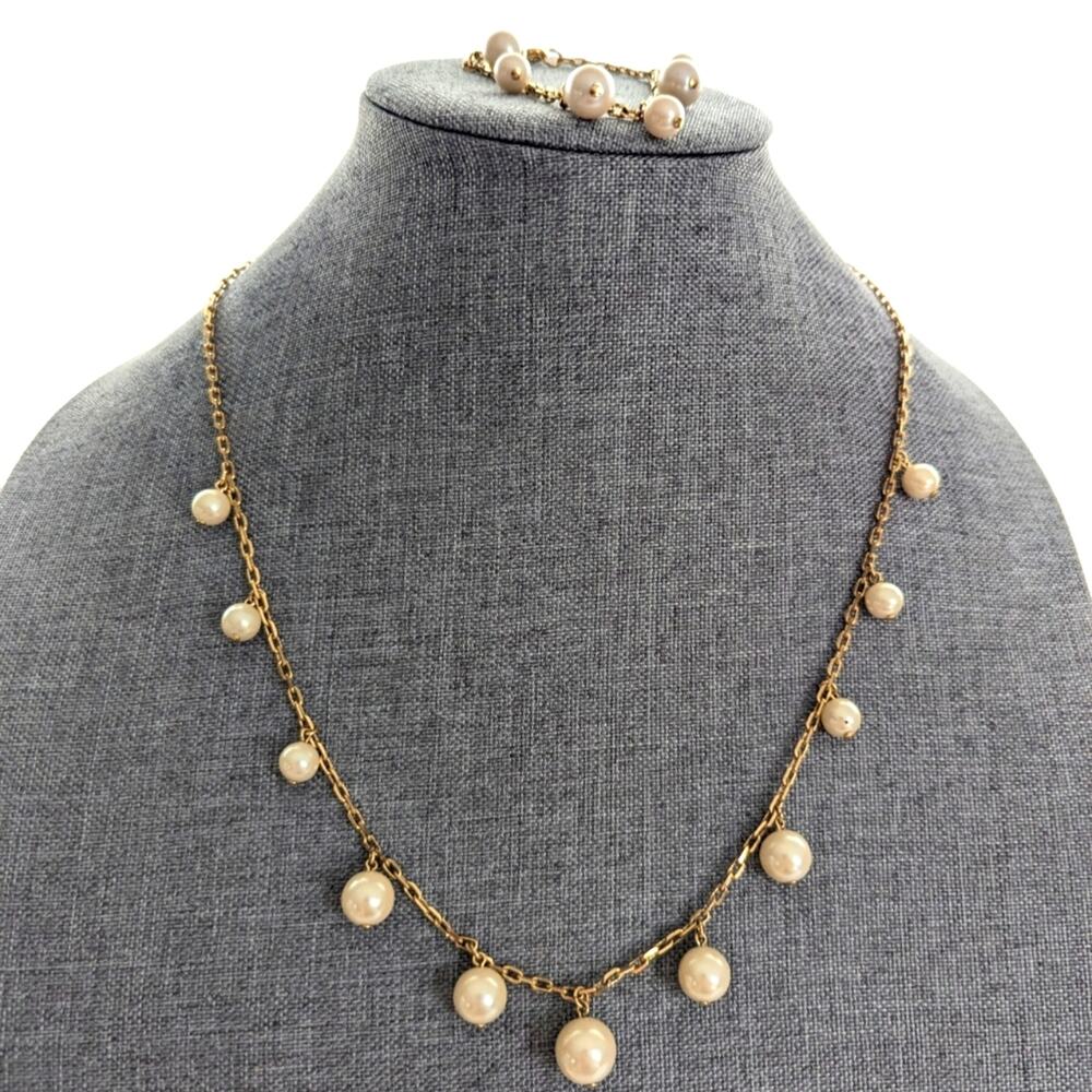 Vintage Estate Gold Tone Chain Faux Pearl Bauble Classic Necklace Bracelet Set